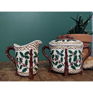 Hand Painted Holly Berries and Branches Sugar Bowl and Creamer Set - Gold Accent